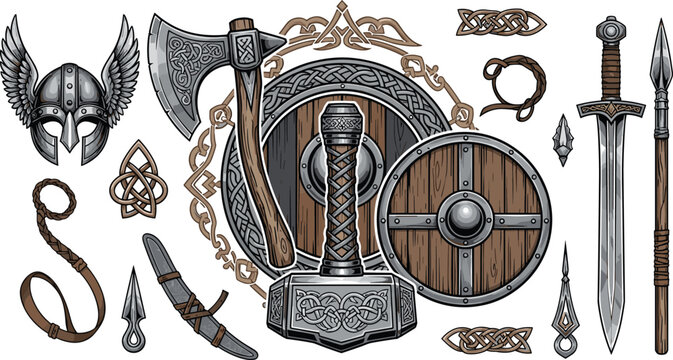 Viking warrior weapons set with Thor hammer axe sword shield helmet and Nordic ornaments medieval mythology vector illustration