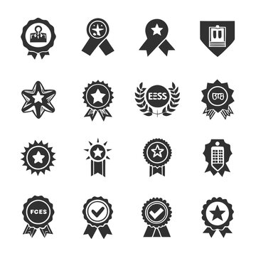 Collection of sixteen black and white achievement badge icons
