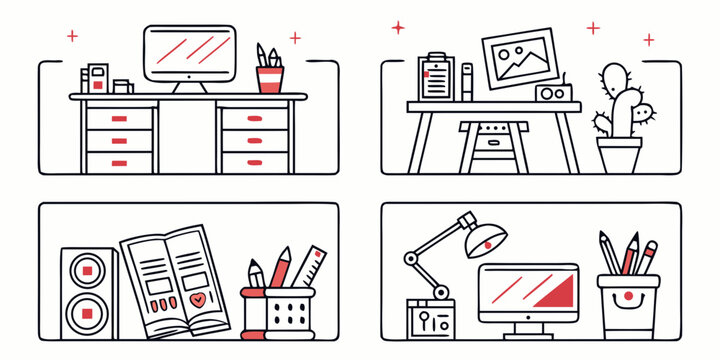four different workstation setups with office supplies Vector