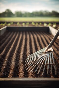 Timber raised bed with raked soil and hand rake in garden light