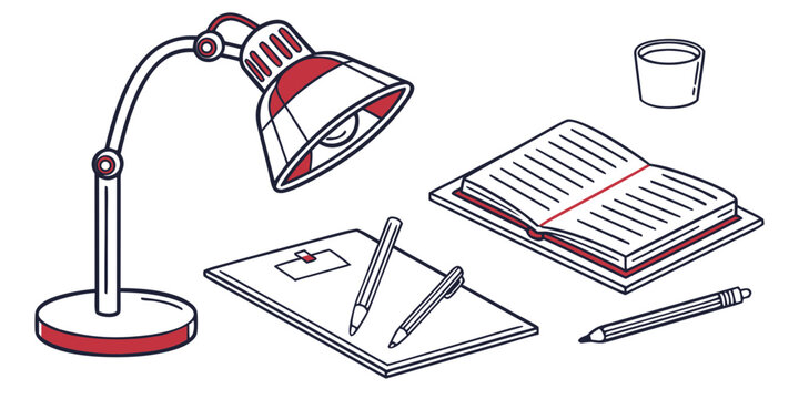a desk lamp, notebook, and pens on a table Vector