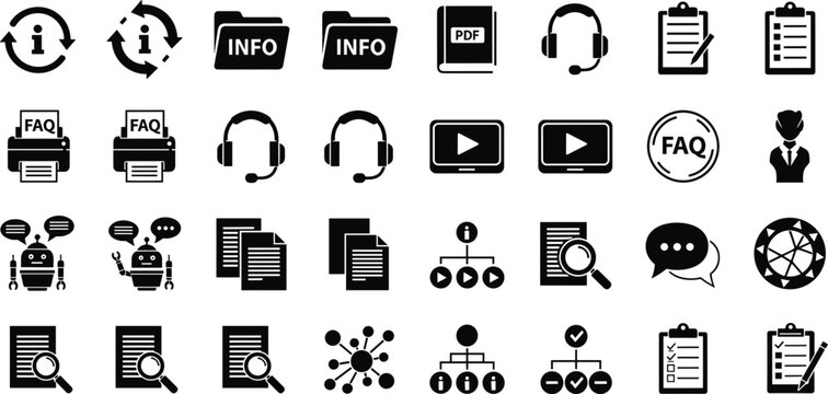 Customer support and information desk icon set with FAQ, chatbot, help desk, technical guide, video tutorial, and office document symbols.
