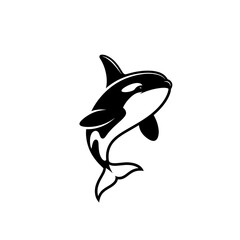 A stylized black and white illustration of an orca whale breaching. © Hari