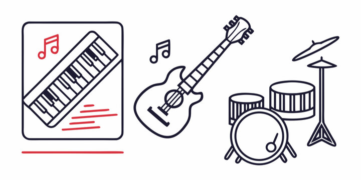 a guitar, keyboard, and drum set for making music Vector