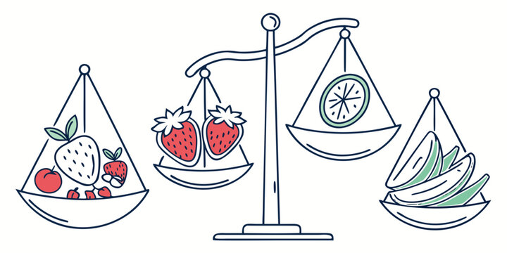 a scale with a plate of fruits and cheese balanced against a plate with money Vector
