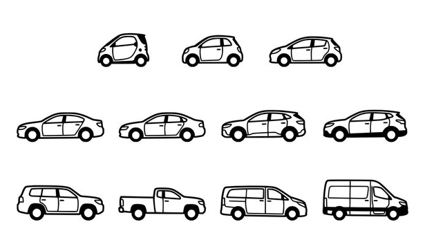 Passenger Vehicle Body Types Vector Icon Set in Black and White