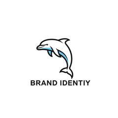 Fototapeta premium A stylized white and blue dolphin logo with a black outline, above the text 