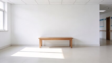 Fototapeta premium A brightly lit hallway in a community center or clinic with wooden bench,clean white wall copy space