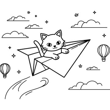 Playful Kitten on a Paper Airplane Coloring Page - Whimsical Flying Cat Adventure Art