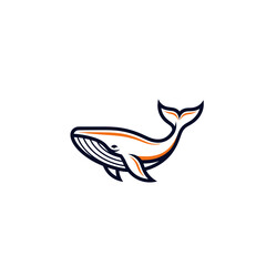 Stylized illustration of a whale with dark blue outline and orange accents, depicted in a side view on a white background, suitable for a logo or icon.