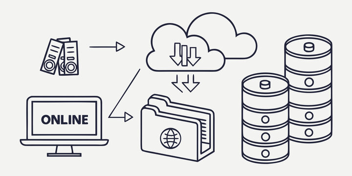 a diagram showing data transfer between a computer, cloud, and server Vector