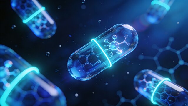 3D render of translucent electric-blue capsules and glowing molecular structures biotech pharma concept