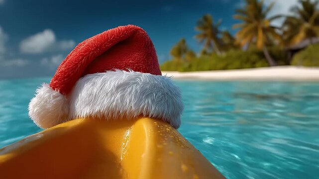 Tropical christmas holiday santa hat yellow kayak on turquoise sea sunny beach with palm tree paradise festive vacation coastal adventure ocean travel magic