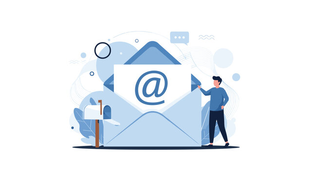 Customer support or marketing concept featuring man standing next to a large open envelope with a blue at-symbol for contact.