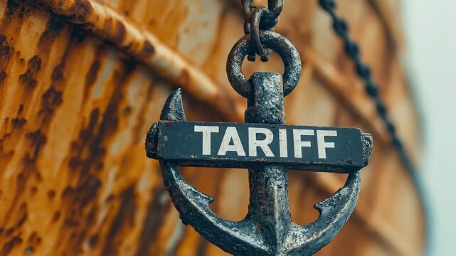 Rusty anchor metal chain tariff word maritime trade shipping fee port duty nautical symbol closeup view industrial background economic concept anchor metal chain tariff word text shipping trade