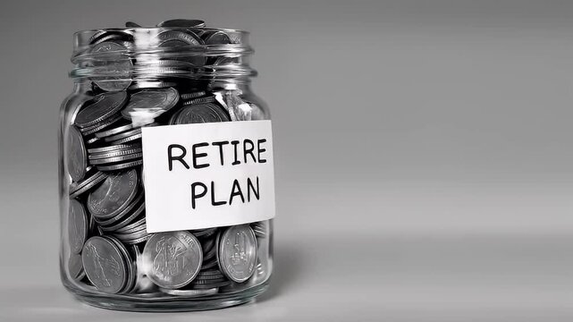 Retirement savings jar coin money finance planning budget fund investment glass jar filled with silver coin savings labeled retirement plan, symbolizing careful money management, financial freedom