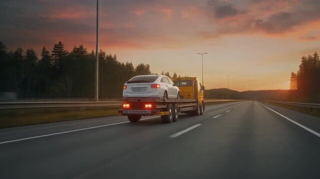 A white car being transported on a yellow flatbed tow truck on a highway during sunset with trees in background