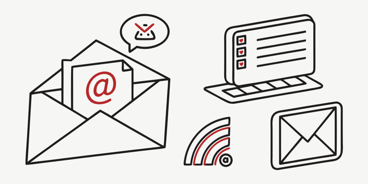a drawing of emails being sent from an envelope to a laptop Vector