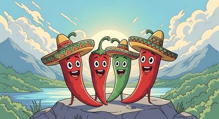 Fototapeta premium Cinco de mayo fiesta with smiling chili peppers in sombreros