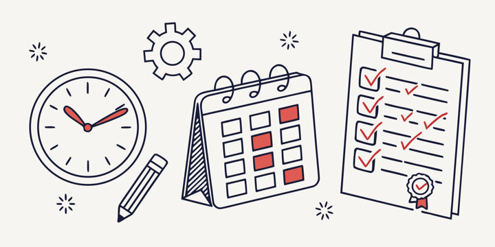 a clock calendar and checklist with a pencil on a white background Vector