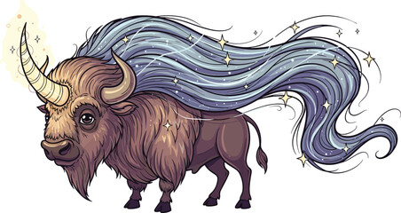 Fantasy magical bison with flowing starry mane mystical animal creature illustration whimsical vector art © EdGe Creative