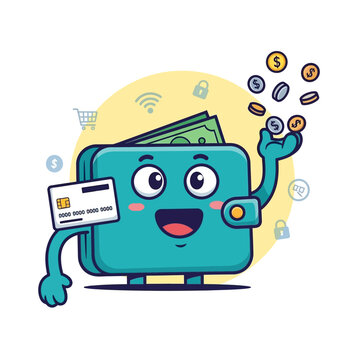 Happy Wallet Character with Credit Card and Money.