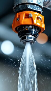 Industrial sprinkler fire protection water spray emergency system safety equipment sprinkler head pipe plumbing metal fitting orange connector security modern close up with flowing water stream