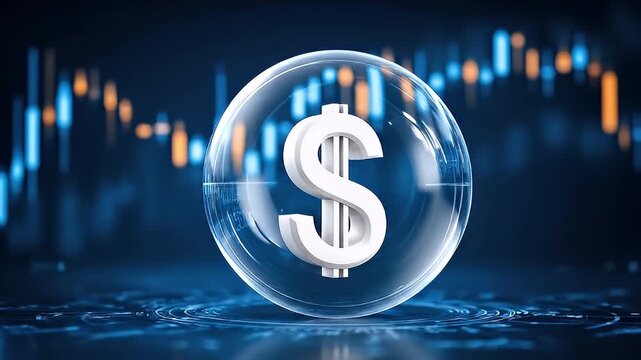 Finance investment dollar currency stock bubble market economy risk concept with glowing dollar currency symbol inside transparent bubble over digital stock market chart background illustrating