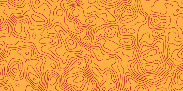 Dynamic terrain line pattern, red geographic level curves over orange backdrop, abstract environmental map design.
