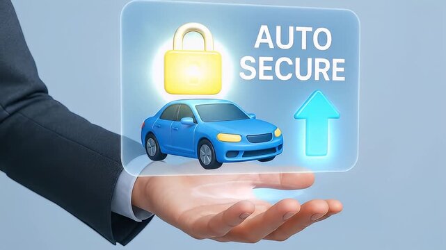 Auto secure insurance car protection safety security padlock icon blue sedan vehicle hologram concept for risk management coverage safe driving transportation digital interface illustration