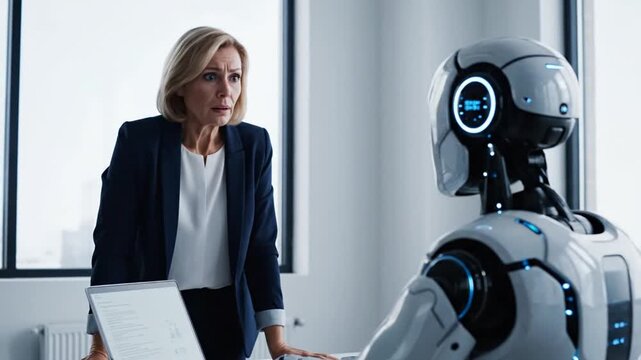 Businesswoman discussing with robot in modern office, cityscape background, technology and human interaction
