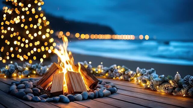 Christmas beach bonfire festive coastal campfire holiday night warm firewood flame cozy winter celebration glowing tree light pine garland romantic mood wooden deck beside calm ocean wave string light
