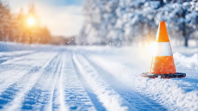Snow road winter traffic cone orange warning safety sunlight frosty cold outdoor lane transportation hazard caution icy seasonal highway frost slippery weather risk