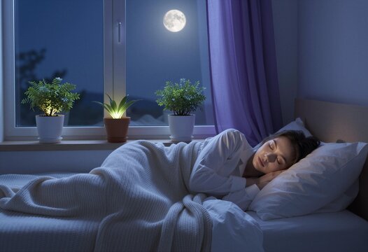A woman sleeps peacefully under a blanket as the full moon glows through the window, with glowing potted plants adorning the sill.