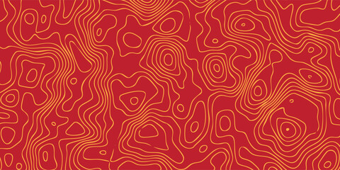 Topographic elevation art pattern, organic red contour loops over orange field, modern geographic illustration. © maseh