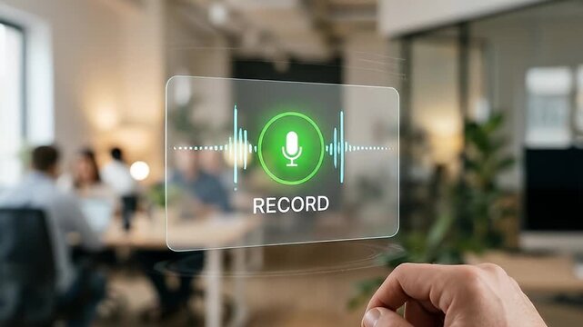 Audio recording voice recognition digital interface hologram button modern office business teamwork technology innovation sound wave user interface data communication futuristic interface record