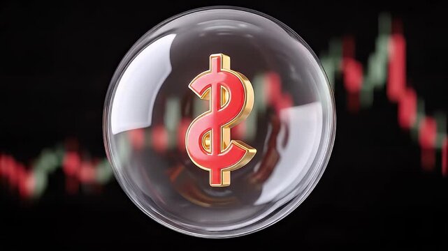 Money bubble finance market currency investment risk economy speculation dollar symbol concept with glossy dollar sign inside transparent sphere and red dollar currency bubble over blurry falling