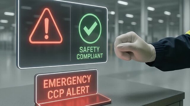Emergency warning alert safety compliant industrial factory glove touchscreen hologram glowing hazard control point safety system safety signal safety alert alarm emergency warning alert safety