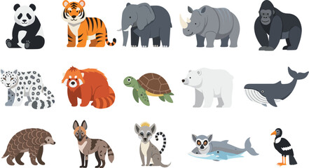 Wild Animals Vector Illustration Set Featuring Panda, Tiger, Elephant, Rhino, Gorilla, Whale, Turtle, Polar Bear, Lemur, and Other Wildlife Species. © MstSuborna