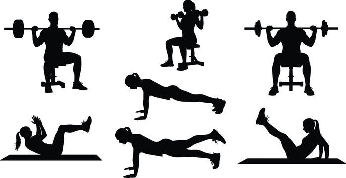 Fitness workout silhouette collection, gym training exercises with dumbbells barbell push ups and abs workout, athlete strength training vector illustration set