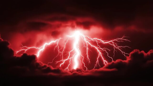 Dramatic Lightning Storm with Red Clouds.