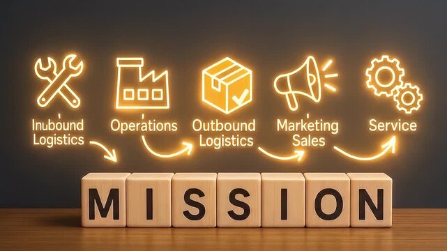 Inbound logistics operation outbound logistics marketing sale service mission supply chain management process planning strategy business concept workflow arrow vision glow neon illustration
