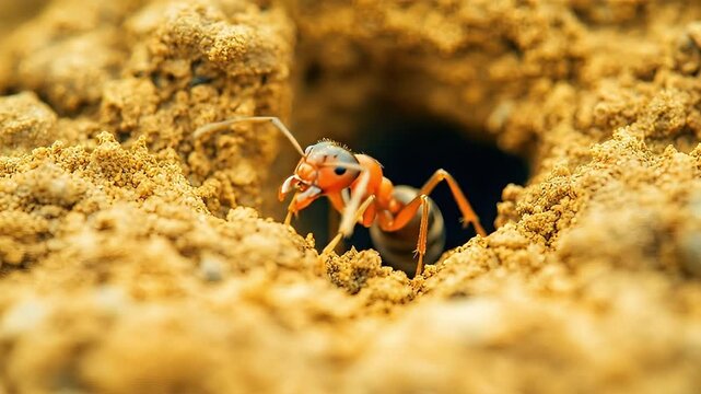 Ant insect macro nature sand hole tunnel wildlife closeup detail underground nest colony, tiny insect wildlife habitat macro closeup golden sand soil tunnel, detailed nature texture and small ant life