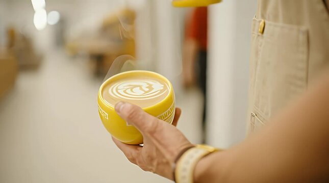 Barista pouring latte art milk into a yellow ceramic cup in a modern coffee shop setting showcasing skill and craftsmanship for food bloggers and cafe promotions