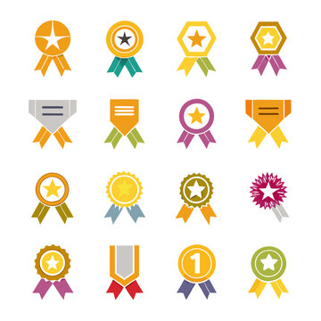 Collection of award medals and achievement badges in varied styles