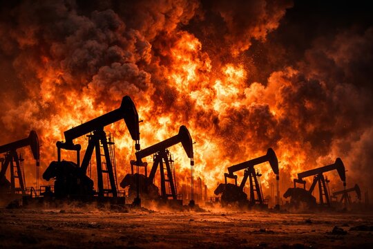 Oil pump jacks silhouettes against massive explosion and fire at oil field from missiles during the war with Iran, explosion cloud symbolizing energy crisis and geopolitical conflict