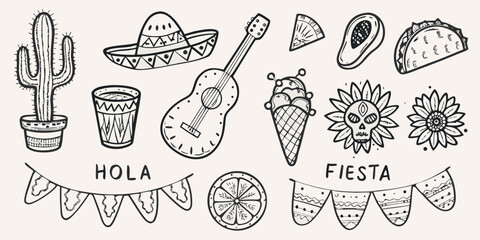 A collection of hand drawn mexican themed elements and cultural icons © Sujal