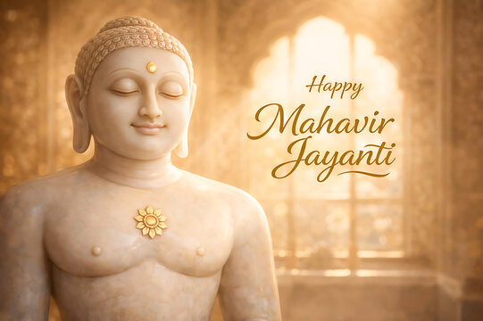 Tirthankar Lord Mahavir statue with golden aura celebrating Mahaveer Jayanti Jain festival spiritual devotion