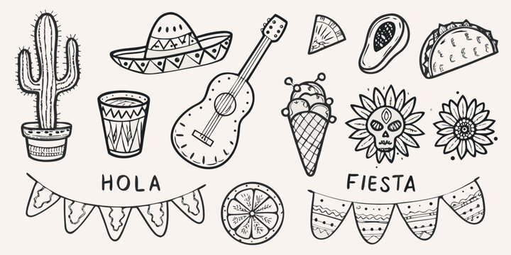 A collection of hand drawn mexican themed elements and cultural icons