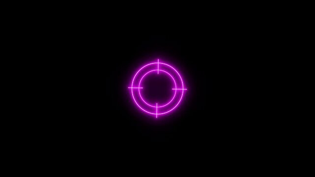 Glowing neon light target icon animation. Military training, Military target icon animation on black background. Crosshair, gun aim, sniper target.